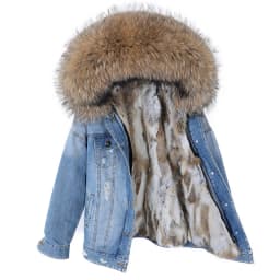 2025Maomaokong Denim Jacket Parka Winter Women Parkas Real Fur Collar Coat Natural Raccoon Fur Hood Real Rabbit Fur Liner Luxury