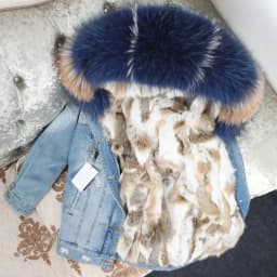 2025Maomaokong Denim Jacket Parka Winter Women Parkas Real Fur Collar Coat Natural Raccoon Fur Hood Real Rabbit Fur Liner Luxury
