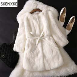 New Natural Real Rabbit Fur Long Coat Winter Real Rabbit Fur Jacket Korean Female Three Quarter Sleeve Soft Real Fur Coats