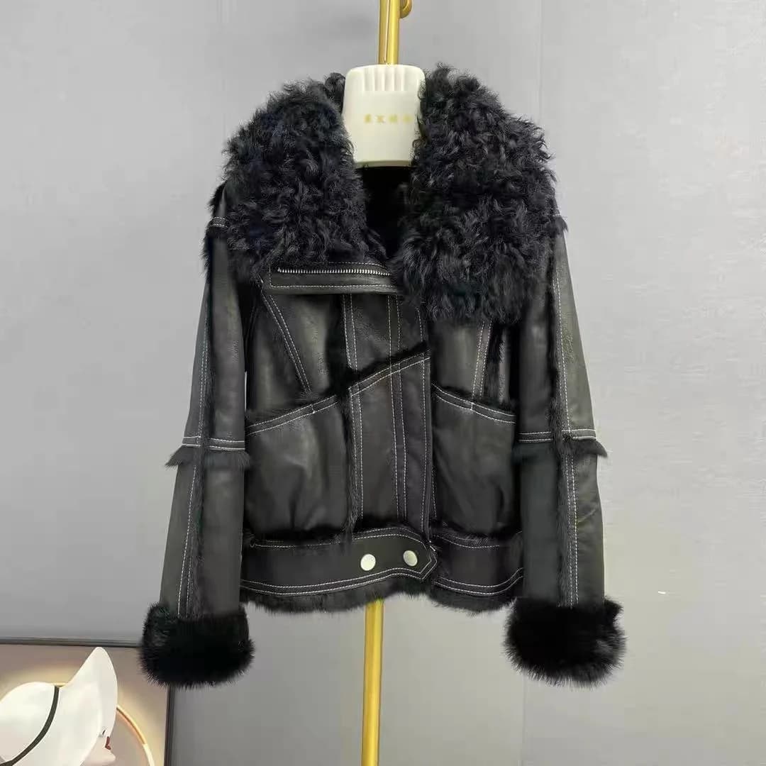Real Rex rabbit fur Coats With Genuine Sheepskin Leather Wholeskin Natural rabbit fur Jacket Outwear Luxury Women Winter New