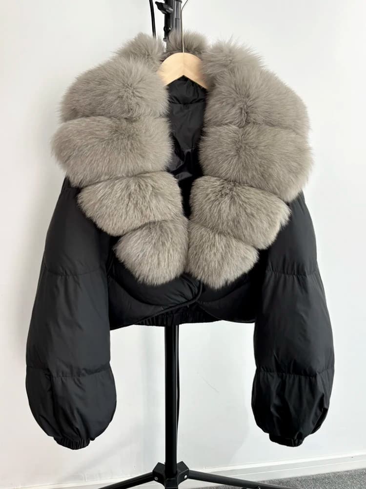 2025 New Winter Real Fox Fur Short Puffer Jackets Women Natural Thick Warm 90% White Duck Down Cropped Loose Waterproof Coat