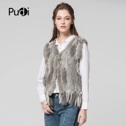 PUDI Women Knitted Handmade Real Rabbit Fur Vest Gilet Sleeveless Garment Waistcoat Female Natural Fur Coat Jacket VR031