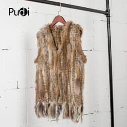 PUDI Women Knitted Handmade Real Rabbit Fur Vest Gilet Sleeveless Garment Waistcoat Female Natural Fur Coat Jacket VR031