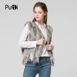 PUDI Women Knitted Handmade Real Rabbit Fur Vest Gilet Sleeveless Garment Waistcoat Female Natural Fur Coat Jacket VR031