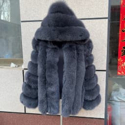 HUAQIUMEISI Women's Vertical Hooded Real Fox Fur Coat for Winter Fashion Natural Fur Jacket Vertical Hooded Raccoon Fur Coat