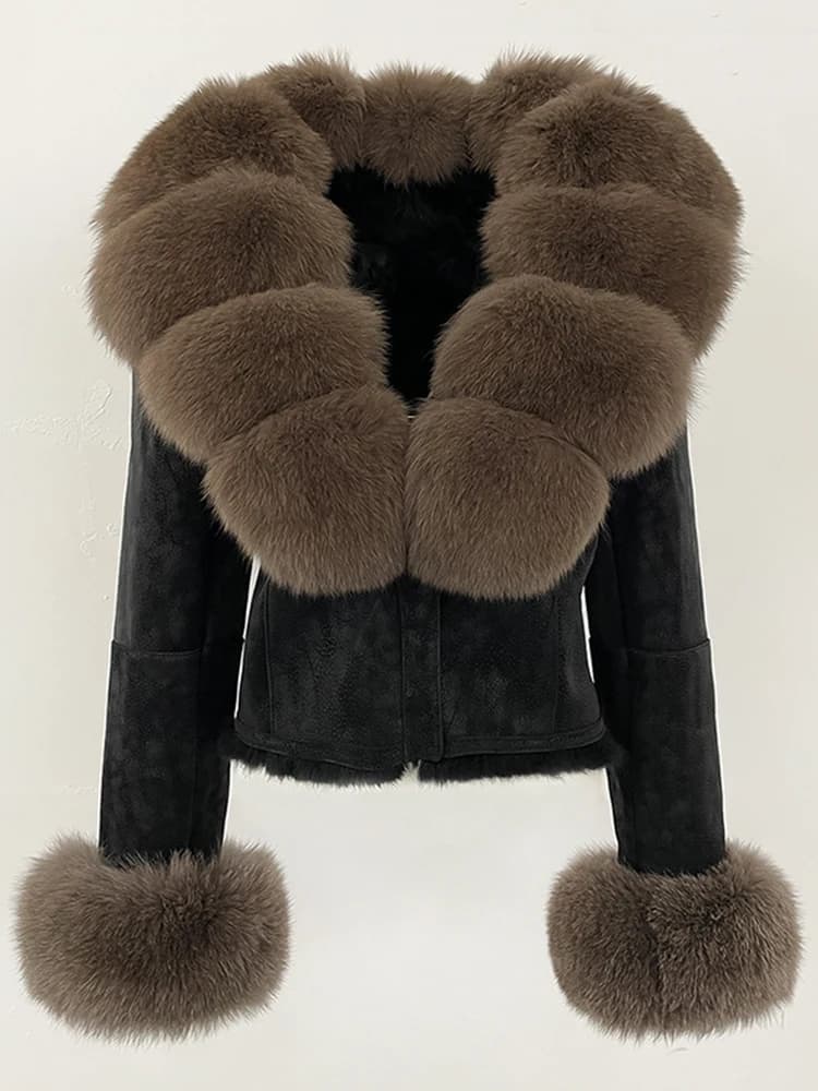 OFTBUY Fashion Short New Autumn Winter Fur Clothing Real Rabbit Fur Liner Suede Jacket Women Natural Fox Fur Collar Coat Female