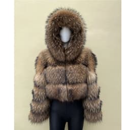 BEIZIRU Women's Short Real Raccoon Fur Coat Winter Long Sleeve Hooded Natural Luxury Thick Jacket for Fashionable Cold Weather