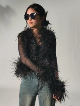 Jxwatcher Women's Sexy Mesh Feather Tops Spring Summer Ladies Vintage Celebrity Real Ostrich Feather Coat Fashion Party Wear New
