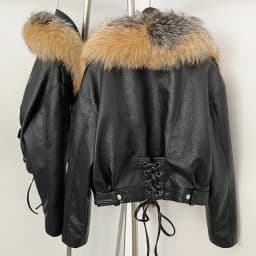 OFTBUY Women's Faux Leather Moto Jacket with Real Fox Fur Collar PU Leather Cropped Biker Coat with Lace-Up New Winter Outerwear