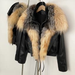 OFTBUY Women's Faux Leather Moto Jacket with Real Fox Fur Collar PU Leather Cropped Biker Coat with Lace-Up New Winter Outerwear