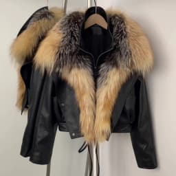 OFTBUY Women's Faux Leather Moto Jacket with Real Fox Fur Collar PU Leather Cropped Biker Coat with Lace-Up New Winter Outerwear
