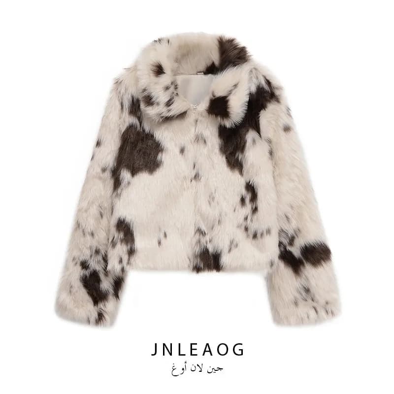 Fashionable Versatile Artificial Fur Animal Print Women's Jacket Autumn New Style JNLEAOG Standard Fit Short Coat Button Detail