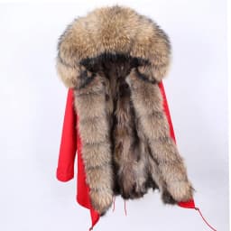 Maomaokong Natural Real Fur Lining Winter Women Jacket Long Fox Fur Coat Raccoon Fur Collar Hooded Thick Black Waterproof Parkas