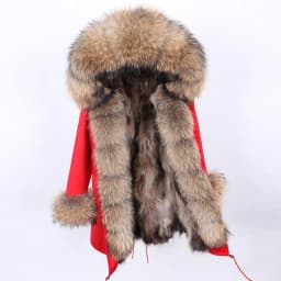Maomaokong Natural Real Fur Lining Winter Women Jacket Long Fox Fur Coat Raccoon Fur Collar Hooded Thick Black Waterproof Parkas
