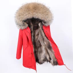 Maomaokong Natural Real Fur Lining Winter Women Jacket Long Fox Fur Coat Raccoon Fur Collar Hooded Thick Black Waterproof Parkas
