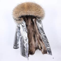 Maomaokong Natural Real Fur Lining Winter Women Jacket Long Fox Fur Coat Raccoon Fur Collar Hooded Thick Black Waterproof Parkas