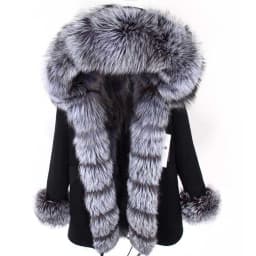 Maomaokong Natural Real Fur Lining Winter Women Jacket Long Fox Fur Coat Raccoon Fur Collar Hooded Thick Black Waterproof Parkas