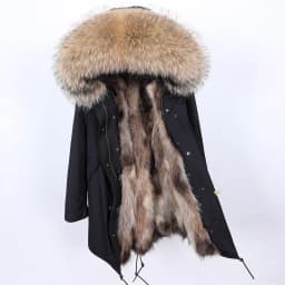 Maomaokong Natural Real Fur Lining Winter Women Jacket Long Fox Fur Coat Raccoon Fur Collar Hooded Thick Black Waterproof Parkas