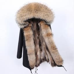 Maomaokong Natural Real Fur Lining Winter Women Jacket Long Fox Fur Coat Raccoon Fur Collar Hooded Thick Black Waterproof Parkas