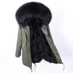 Maomaokong Natural Real Fur Lining Winter Women Jacket Long Fox Fur Coat Raccoon Fur Collar Hooded Thick Black Waterproof Parkas
