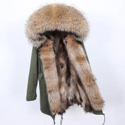 Maomaokong Natural Real Fur Lining Winter Women Jacket Long Fox Fur Coat Raccoon Fur Collar Hooded Thick Black Waterproof Parkas