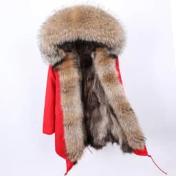 Maomaokong Natural Real Fur Lining Winter Women Jacket Long Fox Fur Coat Raccoon Fur Collar Hooded Thick Black Waterproof Parkas