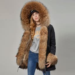 Maomaokong Natural Real Fur Lining Winter Women Jacket Long Fox Fur Coat Raccoon Fur Collar Hooded Thick Black Waterproof Parkas