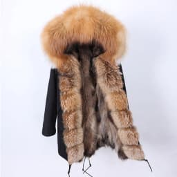 Maomaokong Natural Real Fur Lining Winter Women Jacket Long Fox Fur Coat Raccoon Fur Collar Hooded Thick Black Waterproof Parkas