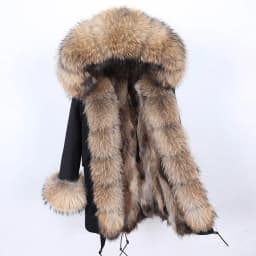 Maomaokong Natural Real Fur Lining Winter Women Jacket Long Fox Fur Coat Raccoon Fur Collar Hooded Thick Black Waterproof Parkas