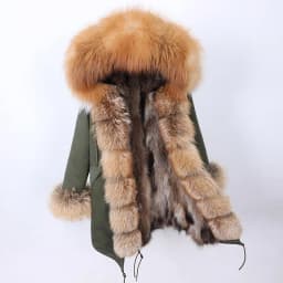Maomaokong Natural Real Fur Lining Winter Women Jacket Long Fox Fur Coat Raccoon Fur Collar Hooded Thick Black Waterproof Parkas