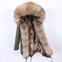 Maomaokong Natural Real Fur Lining Winter Women Jacket Long Fox Fur Coat Raccoon Fur Collar Hooded Thick Black Waterproof Parkas