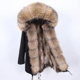 Maomaokong Natural Real Fur Lining Winter Women Jacket Long Fox Fur Coat Raccoon Fur Collar Hooded Thick Black Waterproof Parkas