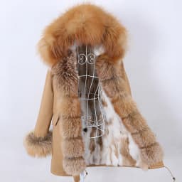 MAOMAOKONG 2026 Removable Real Fox Fur Collar Coats Woman Winter Jacket Hooded Rabbit fur lining Long Parkas Female Clothes
