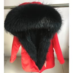 Maomaokong Women's Winter Coat with Natural Raccoon Fur Collar And Natural Rabbit Fur Lining in Red Army Green
