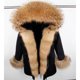 Maomaokong Women's Winter Coat with Natural Raccoon Fur Collar And Natural Rabbit Fur Lining in Red Army Green