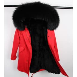 Maomaokong Women's Winter Coat with Natural Raccoon Fur Collar And Natural Rabbit Fur Lining in Red Army Green