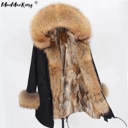 Maomaokong Women's Winter Coat with Natural Raccoon Fur Collar And Natural Rabbit Fur Lining in Red Army Green