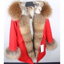 Maomaokong Women's Winter Coat with Natural Raccoon Fur Collar And Natural Rabbit Fur Lining in Red Army Green