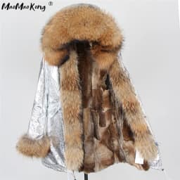 Maomaokong Women's Winter Coat with Natural Raccoon Fur Collar And Natural Rabbit Fur Lining in Red Army Green