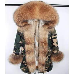 Maomaokong Women's Winter Coat with Natural Raccoon Fur Collar And Natural Rabbit Fur Lining in Red Army Green