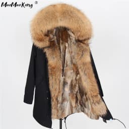 Maomaokong Women's Winter Coat with Natural Raccoon Fur Collar And Natural Rabbit Fur Lining in Red Army Green
