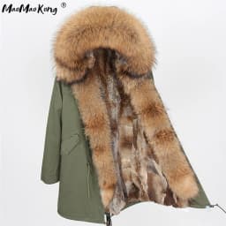 Maomaokong Women's Winter Coat with Natural Raccoon Fur Collar And Natural Rabbit Fur Lining in Red Army Green