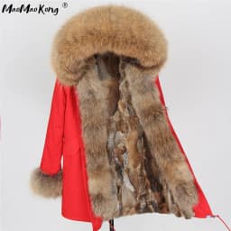 Maomaokong Women's Winter Coat with Natural Raccoon Fur Collar And Natural Rabbit Fur Lining in Red Army Green