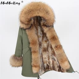 Maomaokong Women's Winter Coat with Natural Raccoon Fur Collar And Natural Rabbit Fur Lining in Red Army Green