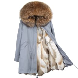 Maomaokong Women's Winter Coat with Natural Raccoon Fur Collar And Natural Rabbit Fur Lining in Red Army Green