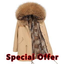 Maomaokong Women's Winter Coat with Natural Raccoon Fur Collar And Natural Rabbit Fur Lining in Red Army Green