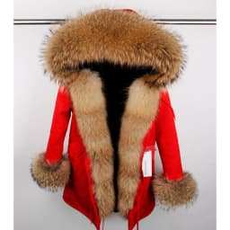 Maomaokong Women's Winter Coat with Natural Raccoon Fur Collar And Natural Rabbit Fur Lining in Red Army Green