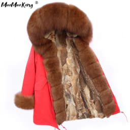 Maomaokong Women's Winter Coat with Natural Raccoon Fur Collar And Natural Rabbit Fur Lining in Red Army Green