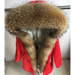 Maomaokong Women's Winter Coat with Natural Raccoon Fur Collar And Natural Rabbit Fur Lining in Red Army Green