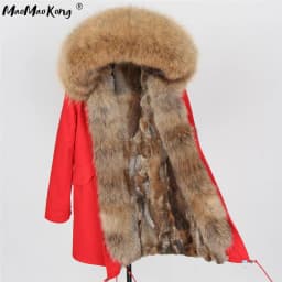 Maomaokong Women's Winter Coat with Natural Raccoon Fur Collar And Natural Rabbit Fur Lining in Red Army Green